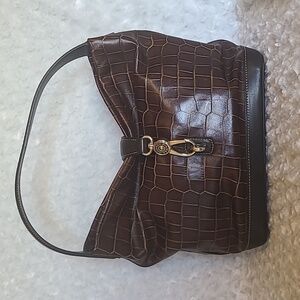 Dooney & Bourke  DarkBrown Croco Embossed Leather Logo Lock Hobo Bag